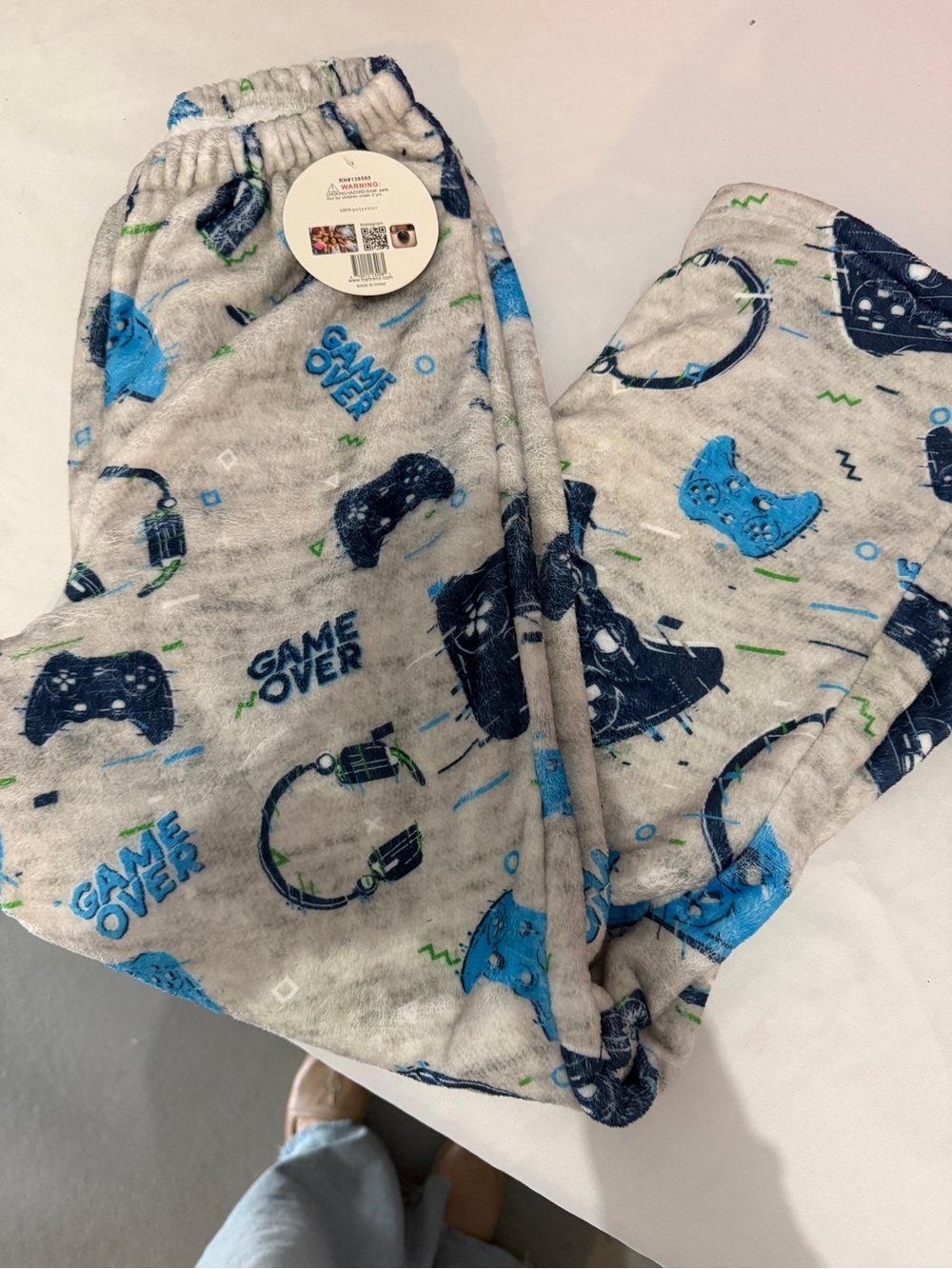 Grey 'Game Over' Kids Fleece Pajama Pants with Blue Gaming Print